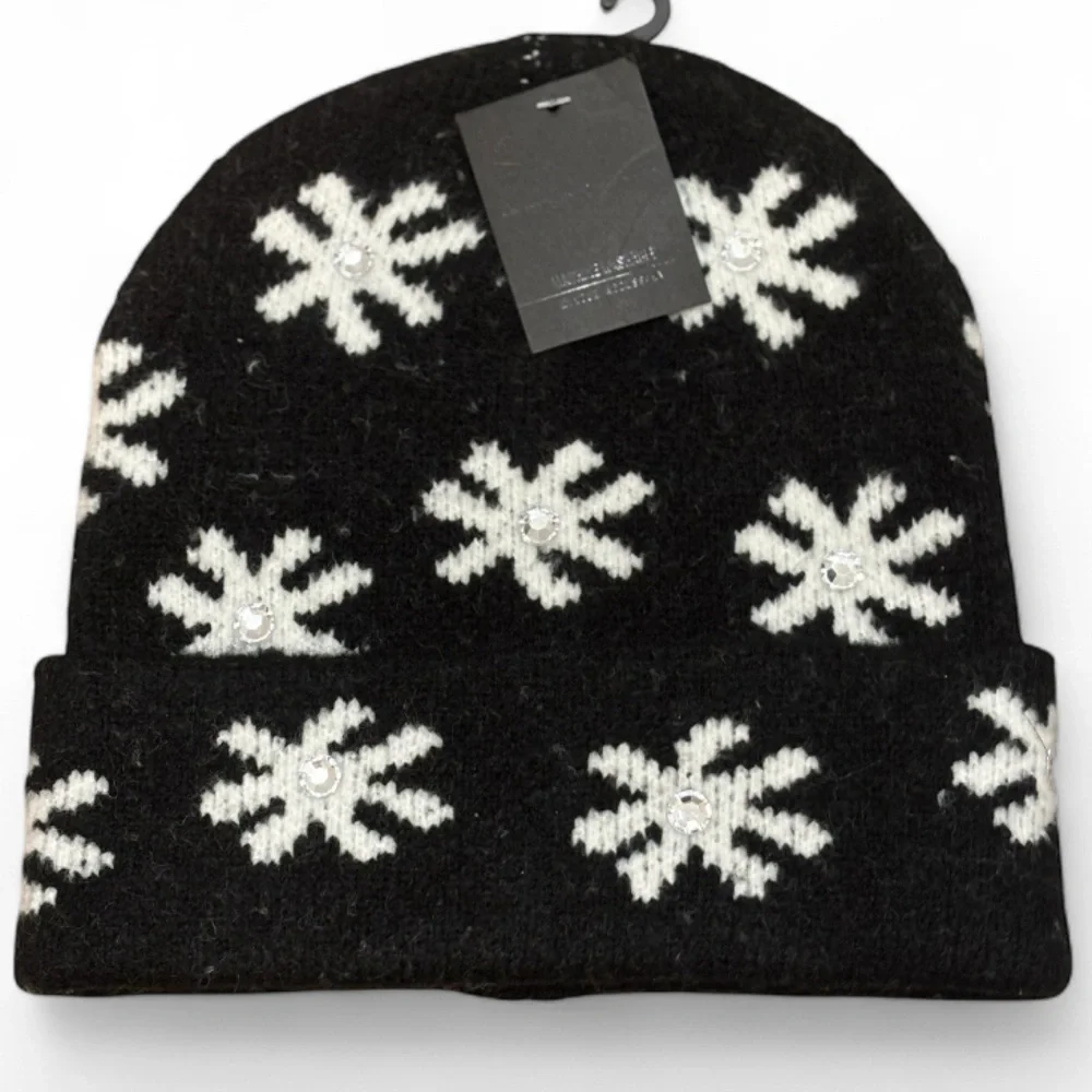 Black Floral Beanie with Rhinestones NWT